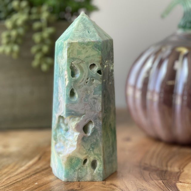 Natural Aura Blue Aragonite Hand Carved Crystal Point Obelisk with Druzy - 1.8 lbs (6 x 2 inch) - Magick Magick.com