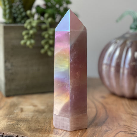 Natural Aura Rose Quartz Hand Carved Crystal Point Obelisk - 1.89 lbs (7 x 2.5 inch) - Magick Magick.com