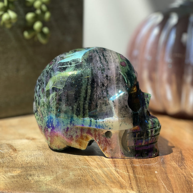 Natural Aura Ruby Zoisite Hand Carved Skull - 2.08 lbs (4 x 3 x 2.5 inch) - Magick Magick.com