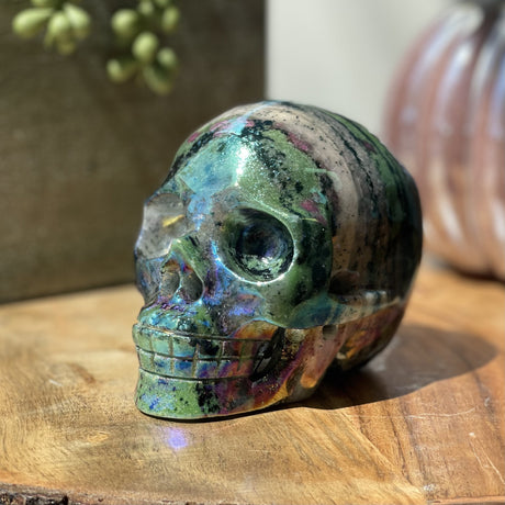 Natural Aura Ruby Zoisite Hand Carved Skull - 2.08 lbs (4 x 3 x 2.5 inch) - Magick Magick.com