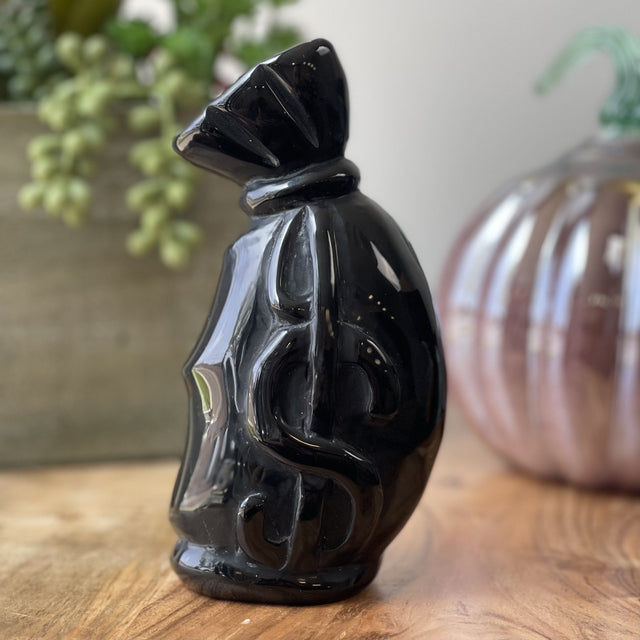 Natural Black Obsidian Hand Carved Crystal Money Bag - 1.93 lbs (6.5 x 3.5 x 2.5 inch) - Magick Magick.com