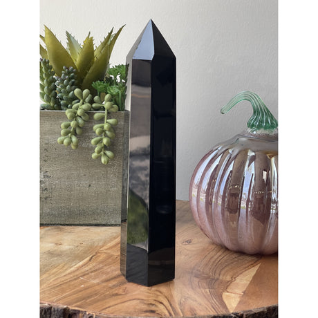 Natural Black Obsidian Hand Carved Crystal Point Obelisk - 1.88 lbs (9.5 x 2 inch) - Magick Magick.com