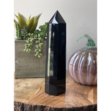 Natural Black Obsidian Hand Carved Crystal Point Obelisk - 2.21 lbs (9.5 x 2.25 inch) - Magick Magick.com
