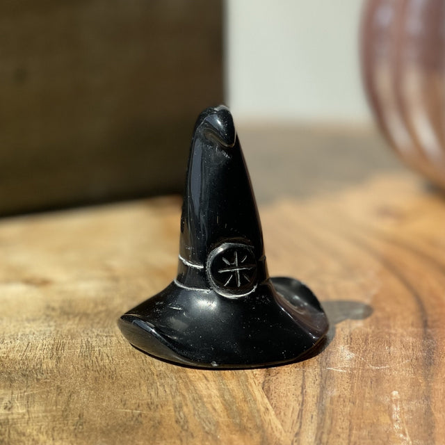 Natural Black Obsidian Hand Carved Witch Hat - .18 lbs (2.25 x 2.5 inch) - Magick Magick.com