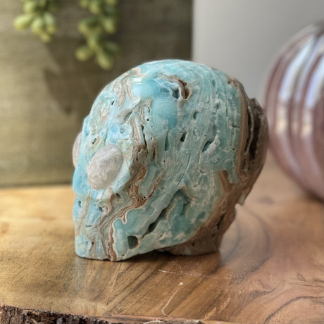 Natural Blue Aragonite Hand Carved Crystal Alien Head - 2.21 lbs (4 x 2.5 x 4 inch) - Magick Magick.com