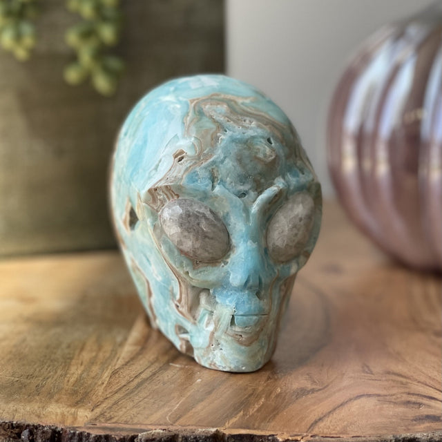 Natural Blue Aragonite Hand Carved Crystal Alien Head - 2.21 lbs (4 x 2.5 x 4 inch) - Magick Magick.com