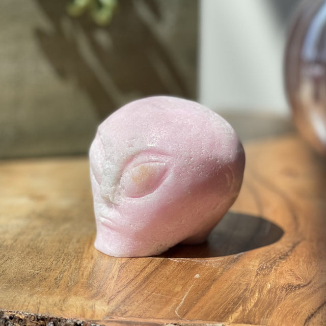 Natural Pink Aragonite Hand Carved Crystal Alien Head - .78 lbs (2.5 x 2.5 x 2.5 inch) - Magick Magick.com