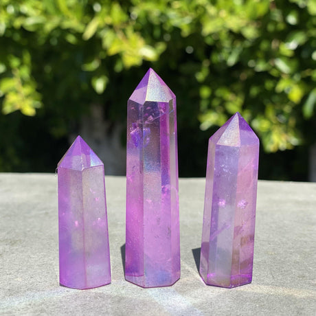 Natural Purple Aura Quartz Hand Carved Crystal Towers Set 1 - .22 lbs (Approx 3 inches) - Magick Magick.com