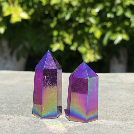 Natural Rainbow Aura Quartz Hand Carved Crystal Towers Set 2 - .12 lbs (Approx 2 inches) - Magick Magick.com