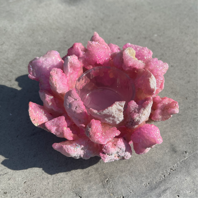 Natural Rose Flower Crystal Tealight Holder - 1.46 lbs (5 x 2.5 inch) - Magick Magick.com