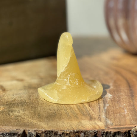 Natural Yellow Calcite Hand Carved Witch Hat - .21 lbs (2.5 x 2.5 inch) - Magick Magick.com