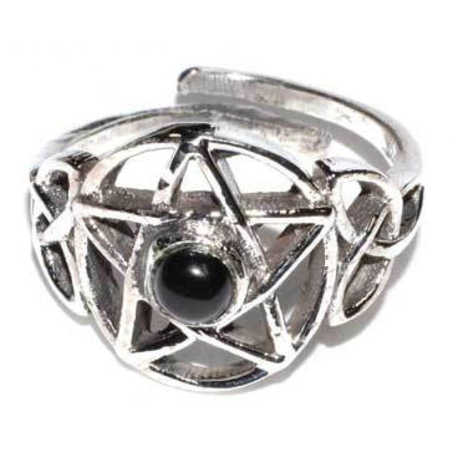Pentacle Black Stone Adjustable Sterling Silver Ring - Magick Magick.com