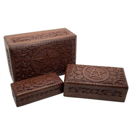 Pentacle Carved Wooden Box Set of 3 (8", 6.5", 5.5" inch) - Magick Magick.com